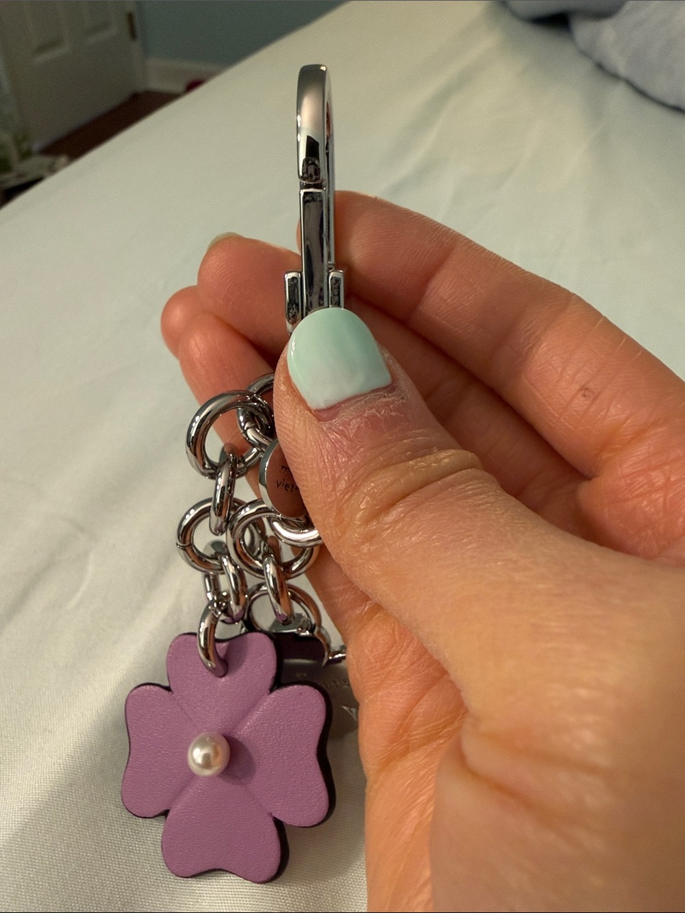 Kate Spade Flower Dangle Bag Charm Keychain Wisteria Purple Silver - Picture 8 of 8